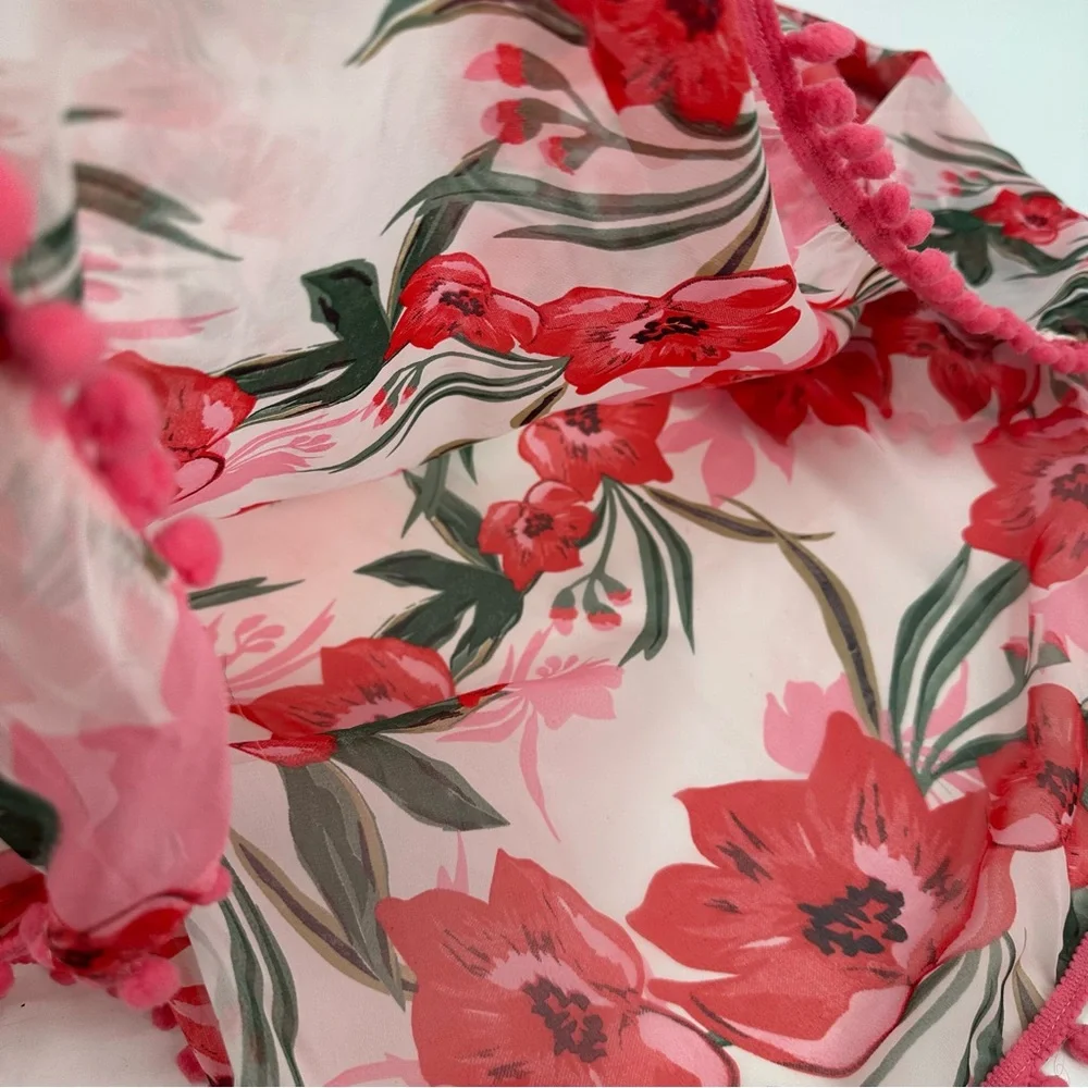 Shore Drive Caftan Swim Cover Pompom Pullover Pink Floral Semisheer Vneck New